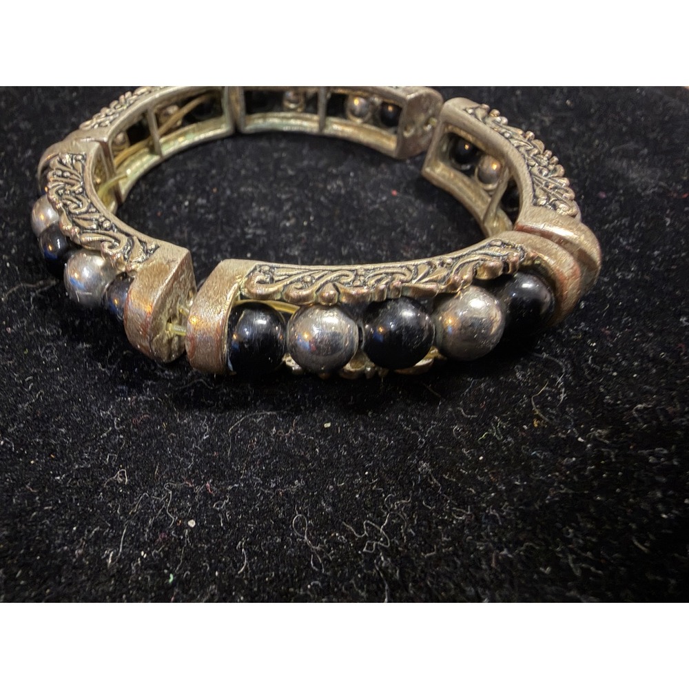 Stretch Bracelet Bangle Ornate Black Silver Beads Jewelry Gift Filigree Stones
